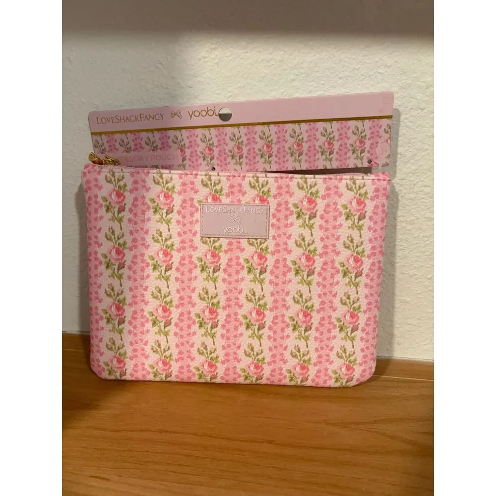 LoveShackFancy x Yoobi Floral Accessory Pouch Cosmetic Makeup Bag Pink NWT